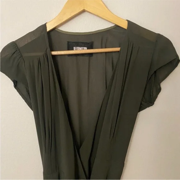 Reformation Women's Carina Sheer Cap Sleeve Wrap Dress in Army - Picture 6 of 8